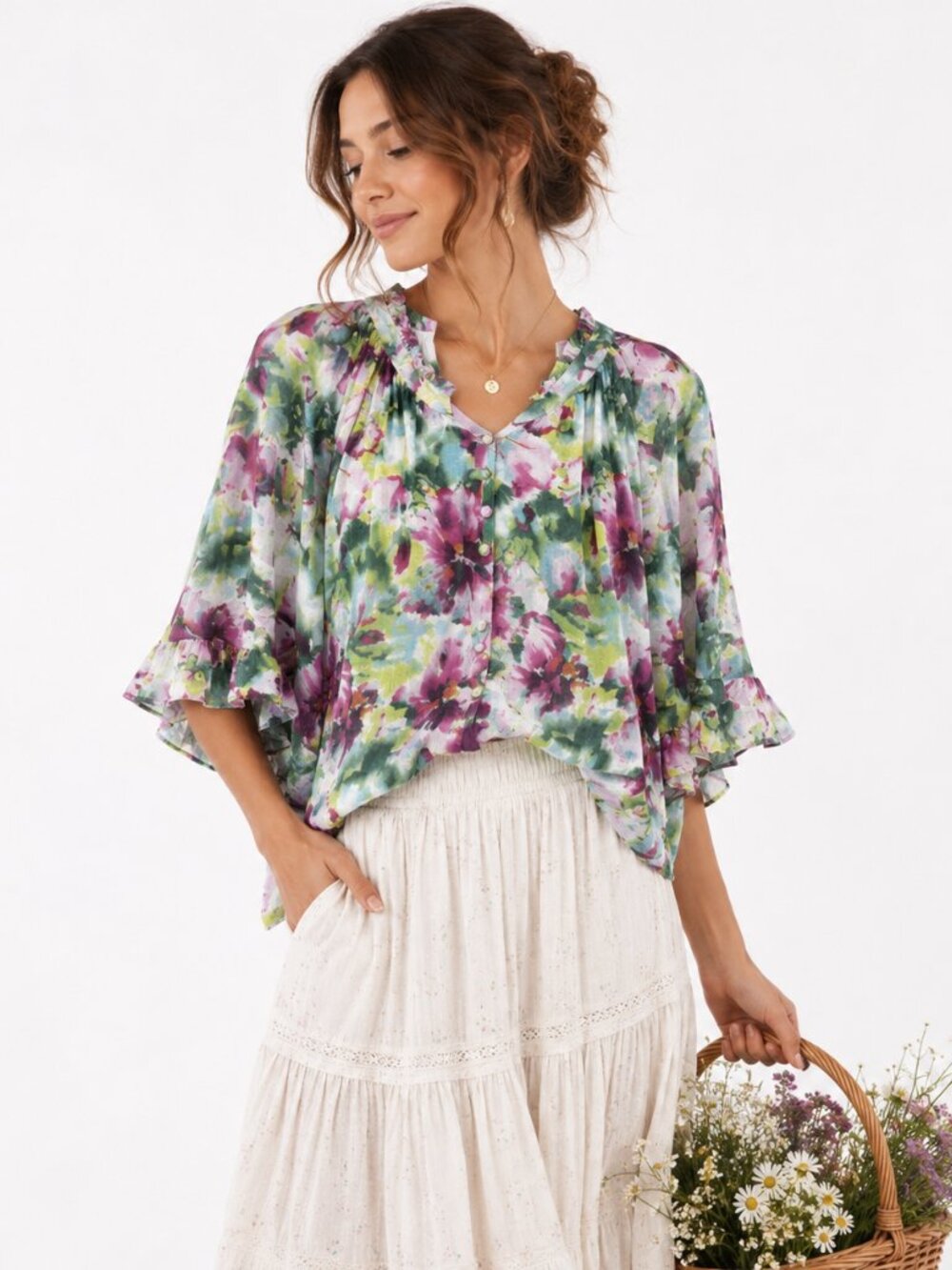 Calessa Floral Blouse Pink‎ Green Ruffle Sleeve NWT Women's L Boho Cottagecore